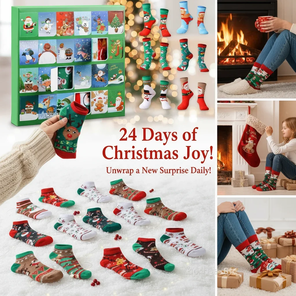 Holiday Advent Calendar Box with 12 Pairs of Christmas Socks for Men or Women Colorful Crew Style for Countdown to 2025 Gift
