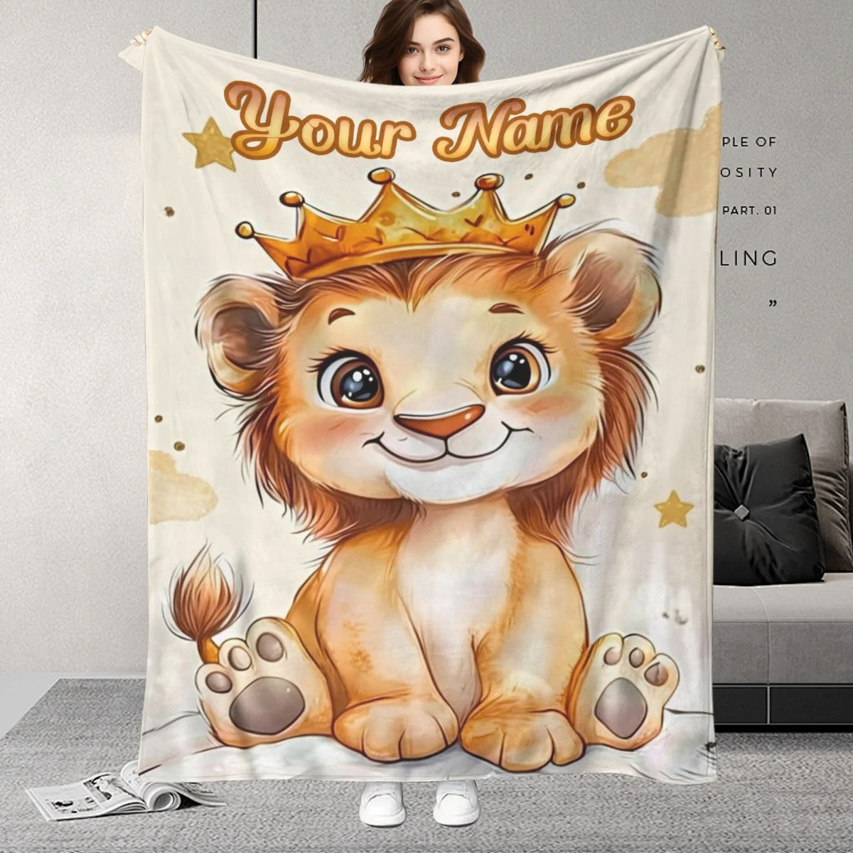 Anpassbare Decke mit Namenslöwenmuster, weiche und warme Flanelldecke, geeignet für Sofa, Bett, Reisen, Camping und Geschenke