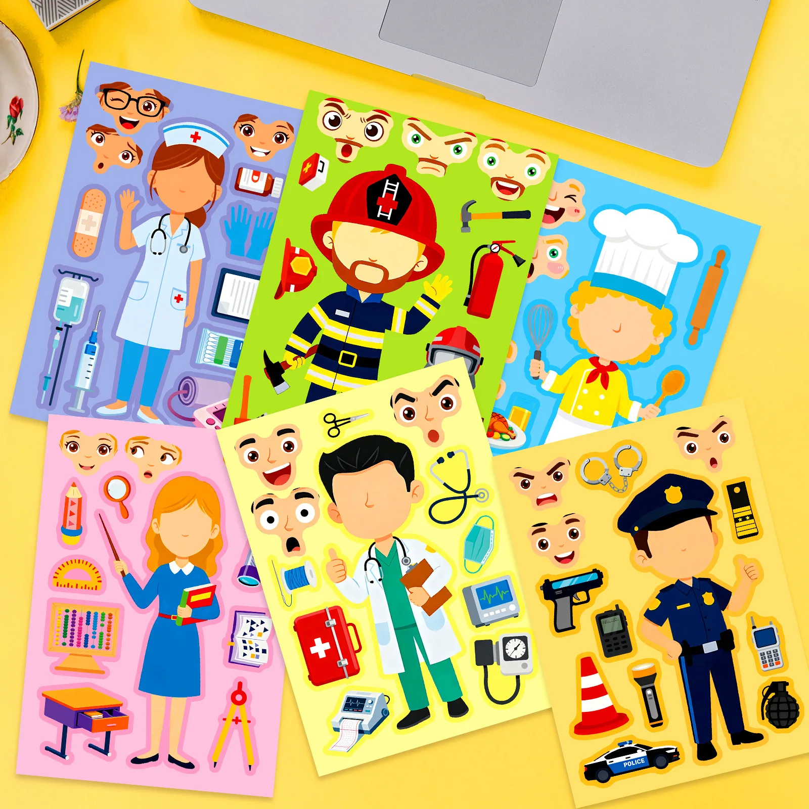 6 Sheets Career Puzzle Face Changing Stickers Kids Handmade Toys Career Cognition Funny Decor Stickers Children's Toys