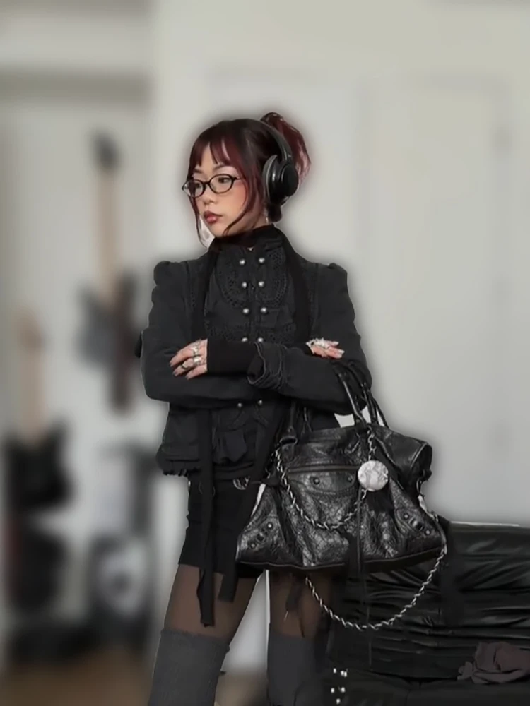 Retro Solid Lace Splicing Cropped Jacket Trend Stand Collar Double Button Frayed  Slim Waist Coat Lady Casual Daily Streetwear