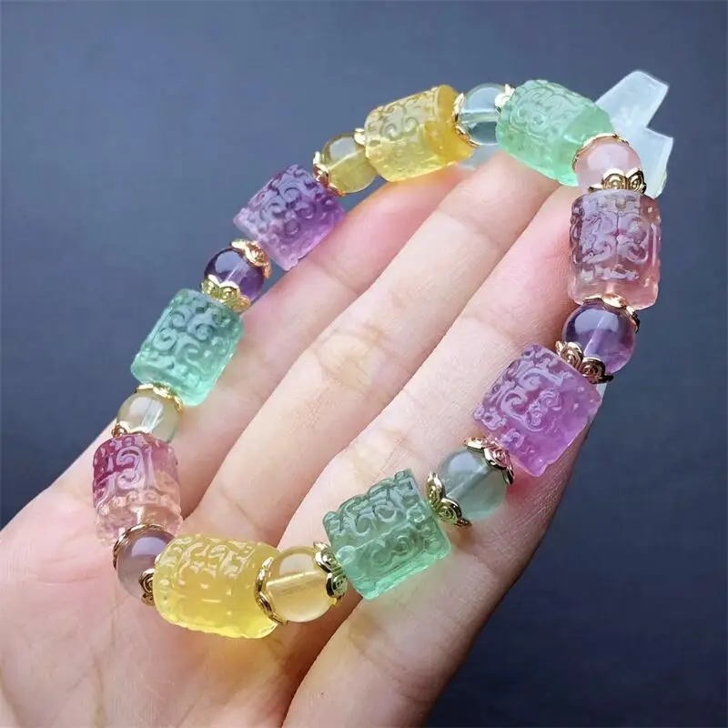 Natural Fluorite Mosaic Bucket Bead Bracelet Luxury Jewelry Accessories Quartz Crystal Stone Bangle 1pcs 9-10mm