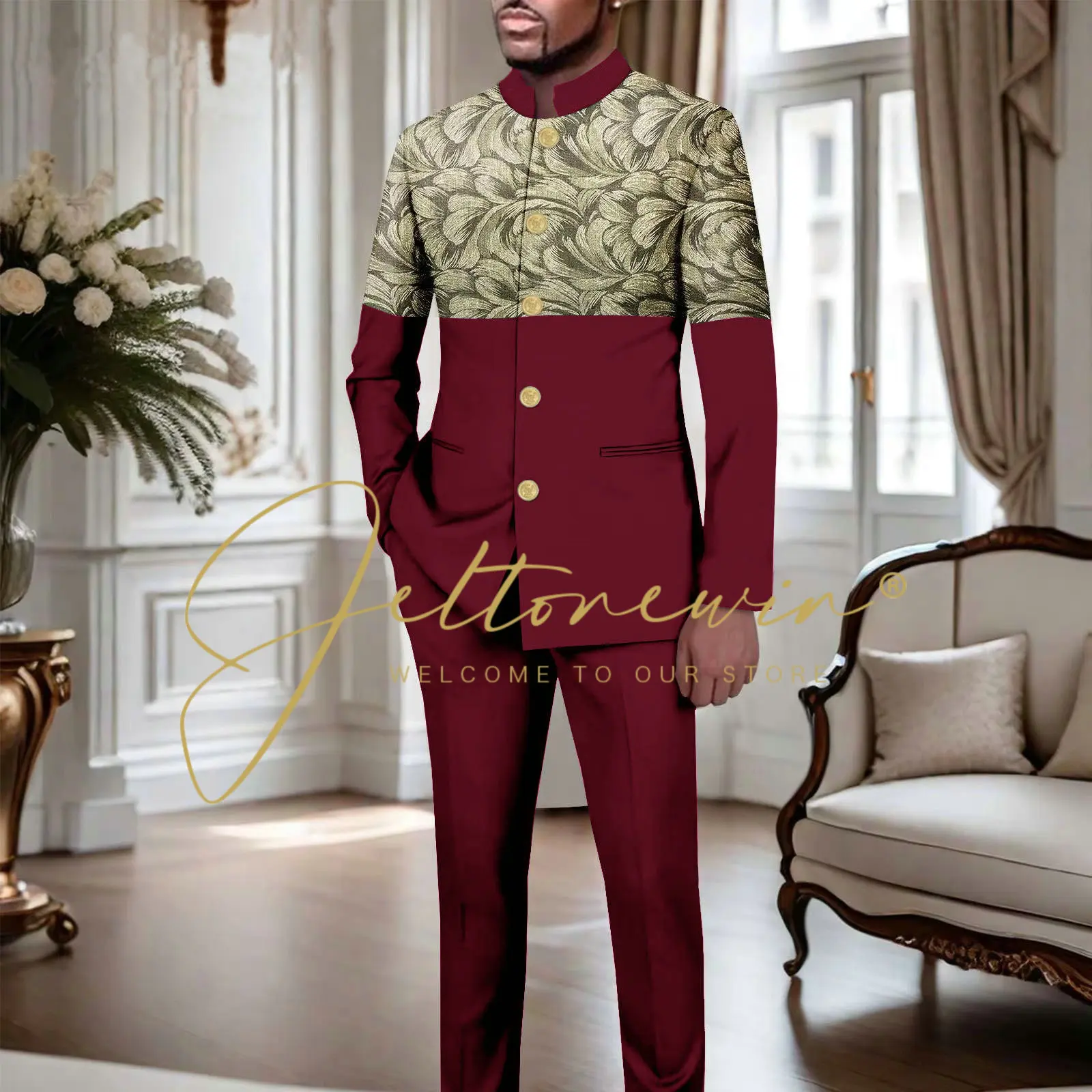 

African Stand Collar Burgundy Men Suits Floral 2 Pieces Blazer+Pants Formal Groomsmen Wedding Tuxedos Costume Homme Mariage