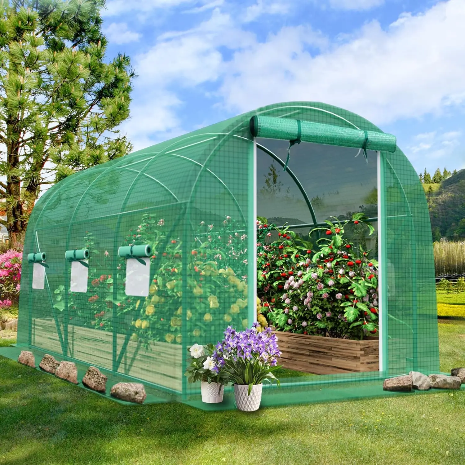 

Upgraded Walk-in Greenhouse with Dual Zippered Doors & 6 Windows, Heavy-Duty Plastic Warm House, Reinforced Frame (10x7x7 FT)