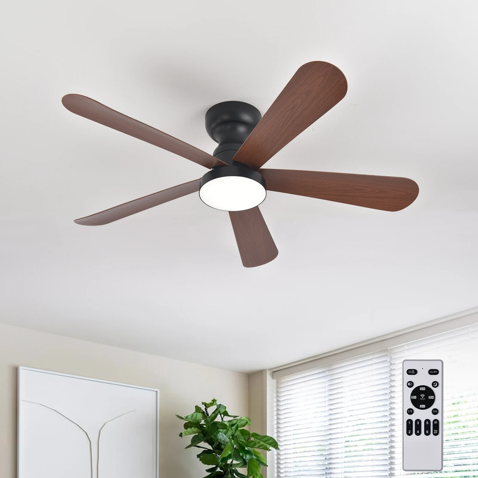 Indoor/Outdoor Flush Mount Ceiling Fan with Remote Control - 5 Blade Low Profile Fandelier - Reversible Quiet Timer