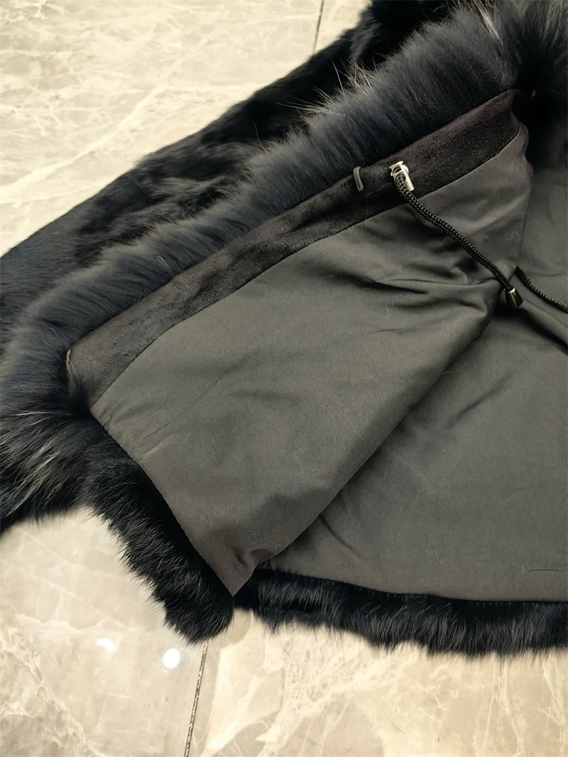 Women Winter Real Rabbit Fur Coat With Raccoon Fur Trimming Fashion Warm Luxury Long Sleeve Genuine Fur Jacket Female Outwear