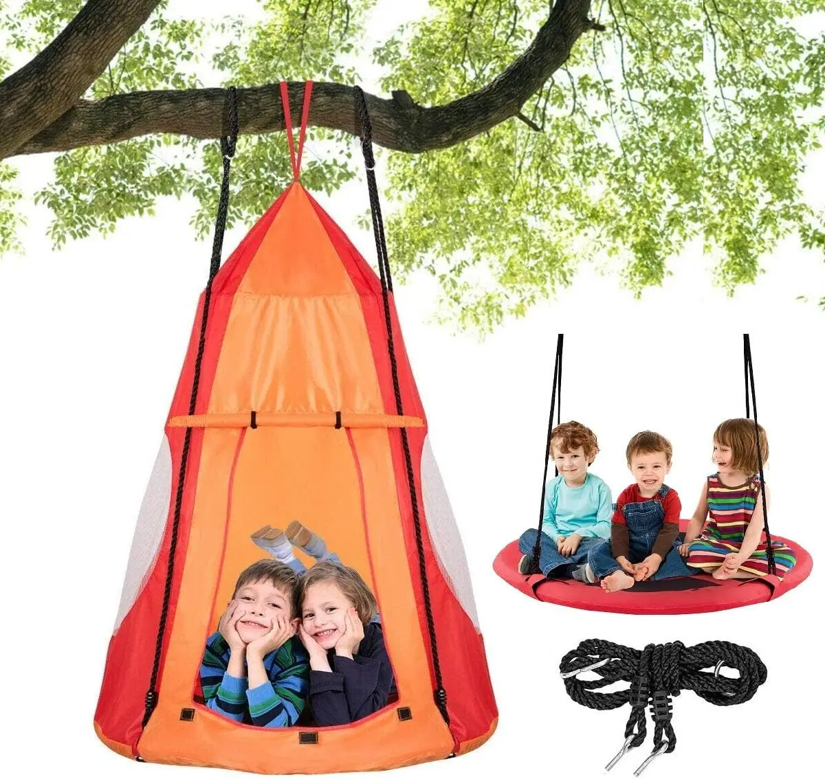 2 em 1 crianças destacável pendurado cadeira balanço tenda conjunto, rede ninho pod pendurado balanço assento para meninos/meninas, crianças ao ar livre indoor