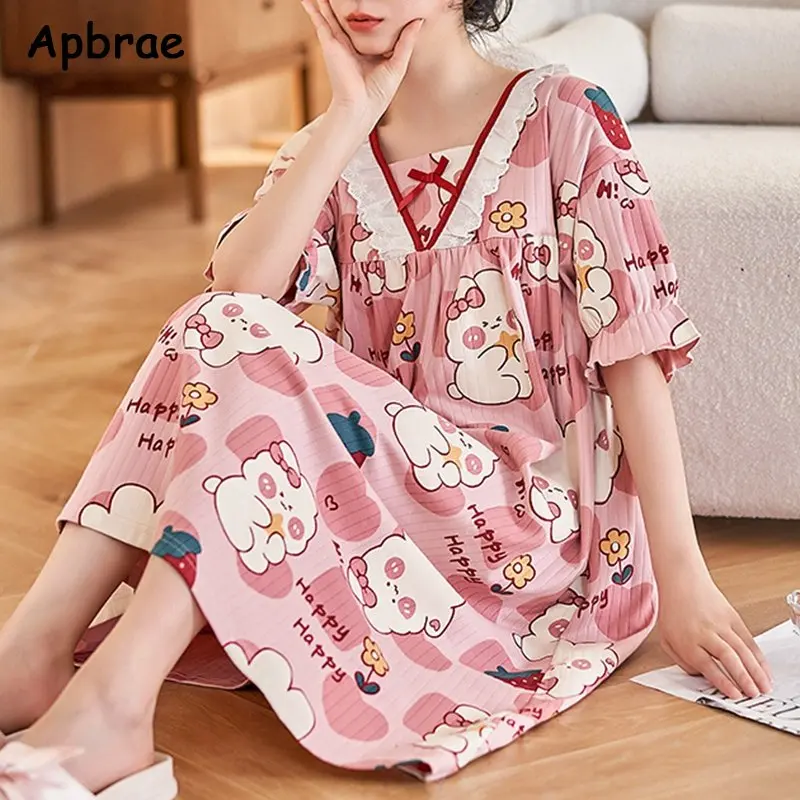 Princess Style Cotton Nightdress for Women Summer Kawaii Rabbit Nightgown Sleepshirts for Girls Short Sleeved Lady Nightgowns