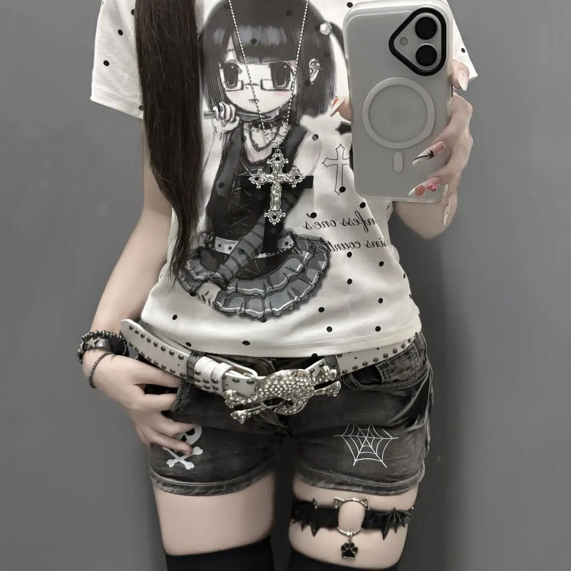 

Summer Japanese Sle Cute Homegirl Subculture Print Retro Slim Polka Dot ort Sve Versatile Top for Women Student orm