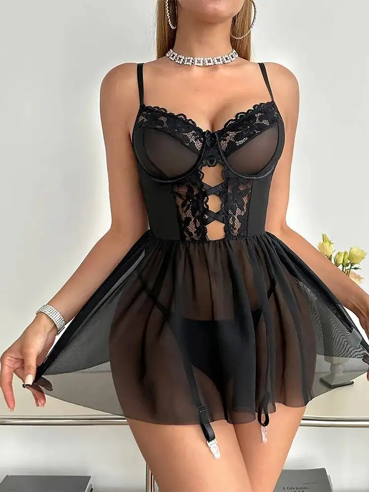 Sexy dentelle pure Casaul robe chemise de nuit string deux pièces ensemble pour les femmes maille transparente dos nu profond V manches robe mince IJZO