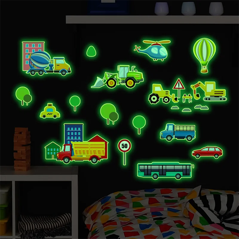 Luminous Engineering Vehicle Wall Stickers Bedroom Glow In The Dark Car Excavator Decal For Kid Room Ceiling Fluorescent Decor