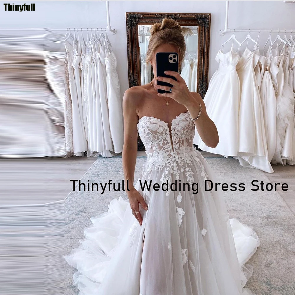 

Thinyfull A-line Tulle Wedding Dresses Sweetheart Sleeveless Bride Gown Appliques Split Elegant Bridal Dress Vestido De Novia