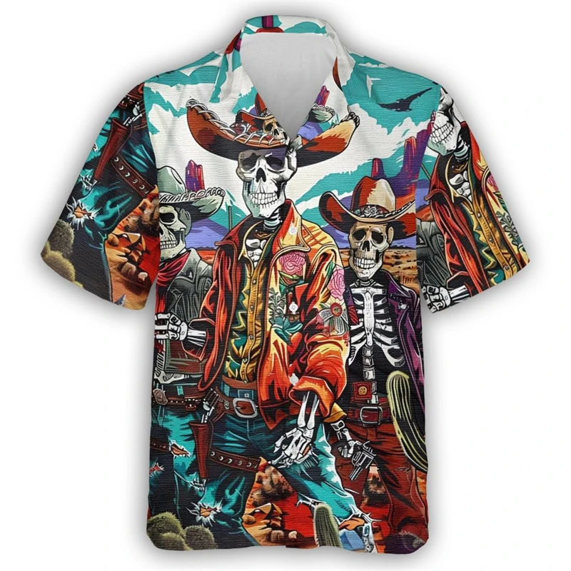 Hip Hop Skull Cowboy 3D Printed Shirts For Men Clothes Aloha Cute Animal Short Sleeve Fashion Women Blouses Vintage Male Tops