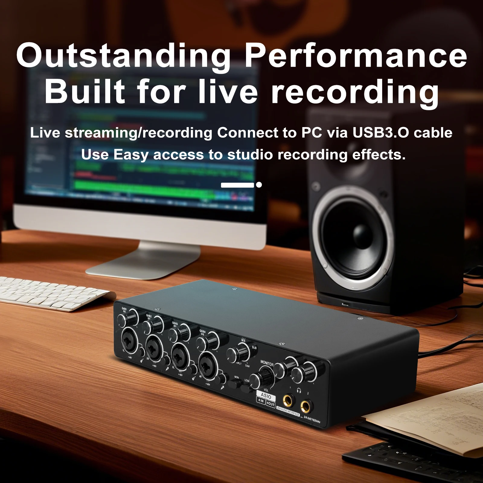 MQ22/44 ASIO Audio Professional Sound Card 2/4 قناة USB واجهة الصوت للتسجيل المباشر