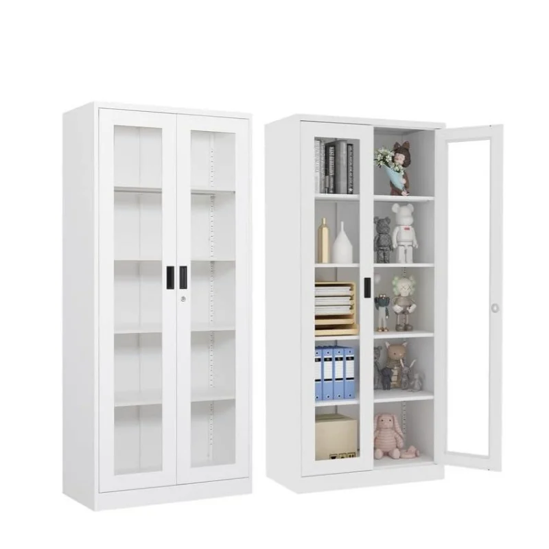 Lockable Metal Storage Cabinet with Adjustable Bookshelf Glass Display for Home Office File Cabinet Genre