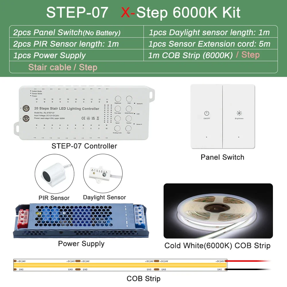 Bewegingssensor Trap LED-lichttape 1-20 stappen 24V COB LED Trapstrip Snelle verbinding Wandschakelaar Controle PIR-sensor voor Home Decor