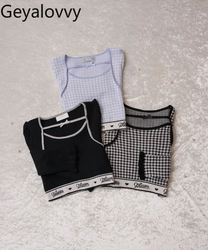 

Spring Mass-produced Soft Girl Bubble Sleeve Pullover Tops Sweet High-waisted Faux Two-piece Plaid Cropped Knit Sweater