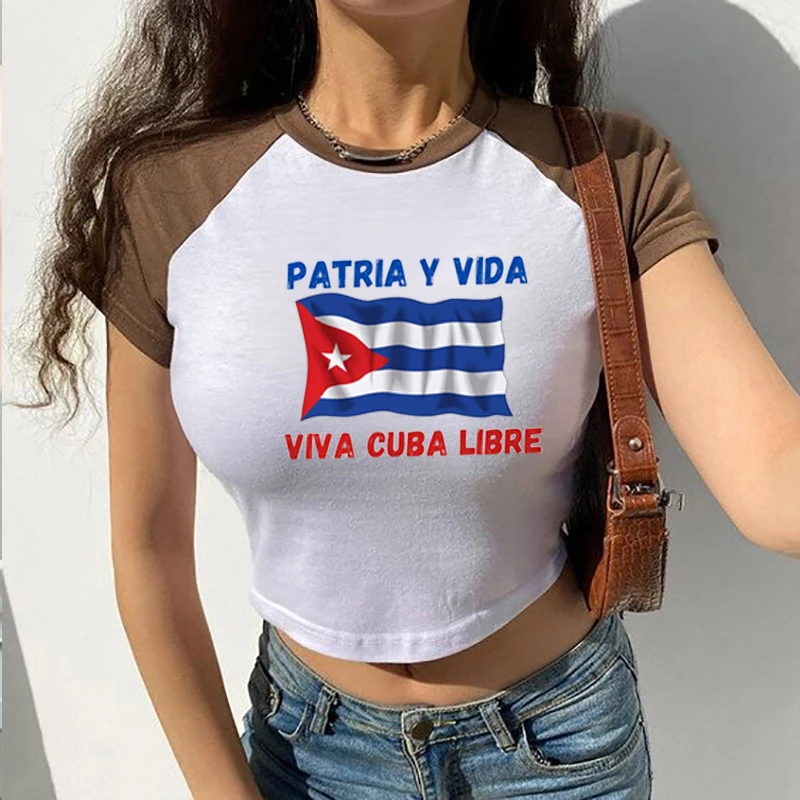 Patria Y Vida Women\'s Cropped Top Cuba Cuban Flag T-Shirt Homeland and Life Patria Y Vida Sos  Viva Cuba Libre Sexy Hot Girl Top