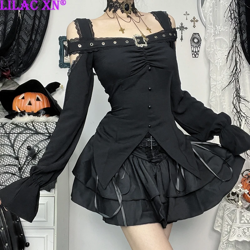 

Y2K Goth Black Off-Shoulder Long Sleeve Slim T-Shirts Vintage Elegant Buckle Button Corset Women Tops New Fashion Autumn Tees