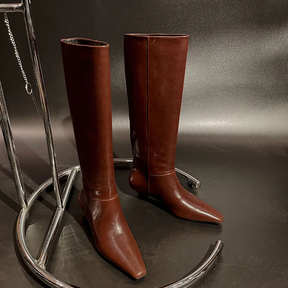 Aucegi New Trend Women Knee High Boots Genuine Leather Thick Heels Autumn Winter Pointed Toe Slip On Party Dress Office Shoes view 3