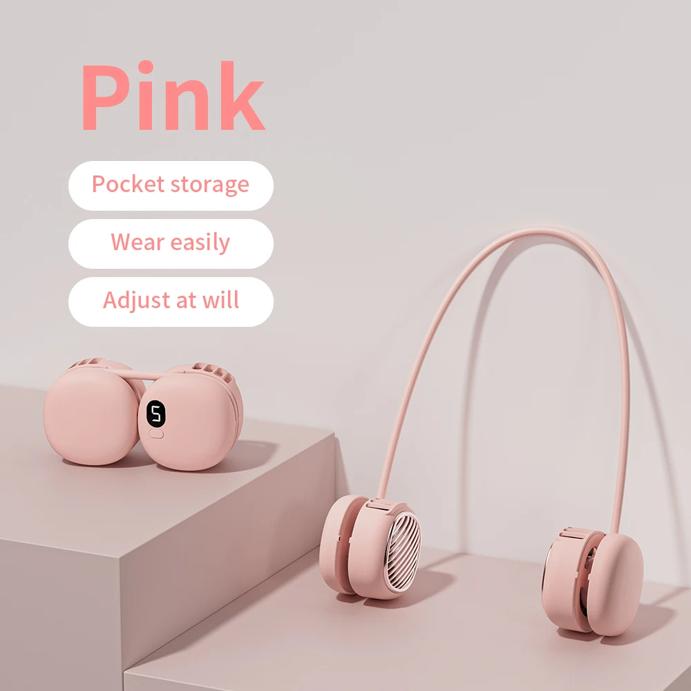 Portable Mini USB Charging Folding Neck Hang Blade Fan Small Size Air Cooling Wearable for Household Outdoor Use Battery Powered