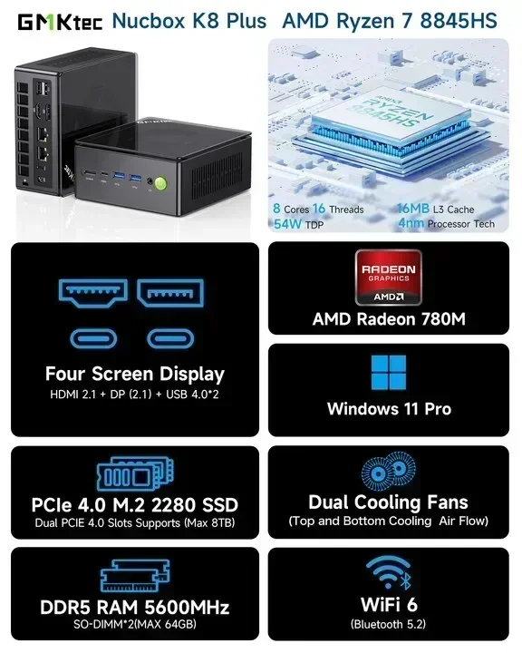 GMKtec K8 Plus AMD Ryzen 7 8845HS Mini PC Windows 11 DDR5 5600Mhz PCIe4.0 Nvme SSD WIFI6 BT5.2 Mini PC Gamer Four Screen Display