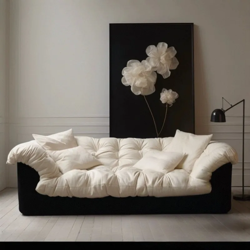 French retro lazy style, camellia sofa, straight black and white, medieval wabi sandy style