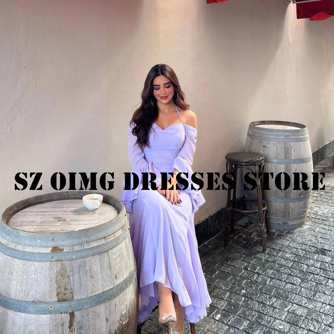 OIMG-Vestidos de Baile Simples para Mulheres, Querida Árabe Ruched, Bainha Manga Comprida, Vestidos de Noite Chiffon, Vestido de Festa Formal, Novo Design