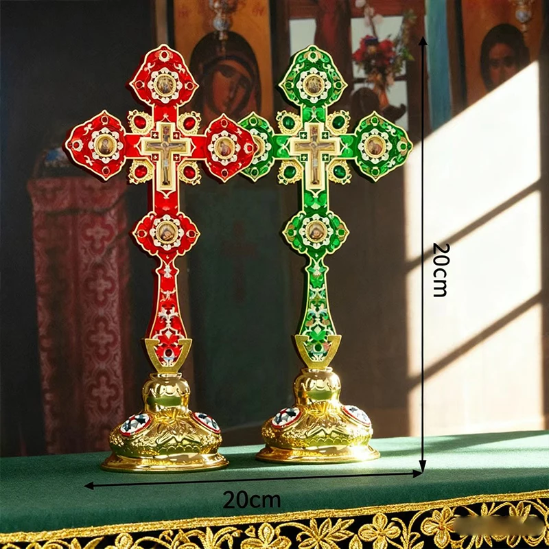Luxuriöses Orthodoxes Christliches Geschenk: Vergoldetes Grünes Cloisonné-Standkreuz, Kirchenqualität, Altar-Kruzifix für Spirituelle Heimdekoration – Detail 12