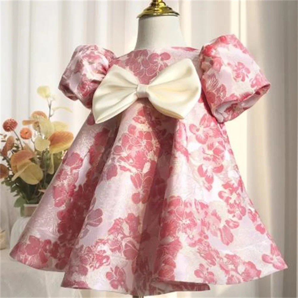 Girl's bow jacquard casual dress fashion princess dress children's birthday spring and autumn short sleeved red