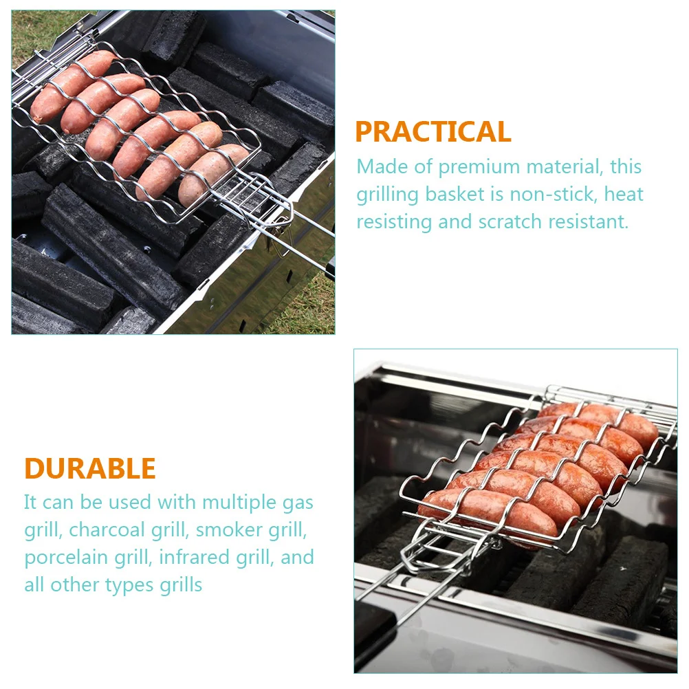 

Wave Shaped Wire Grilling Basket Nonstick Heat Resistant Scratchproof Easy Clean Wood Handle Multiple Grill Types Lockable Grate
