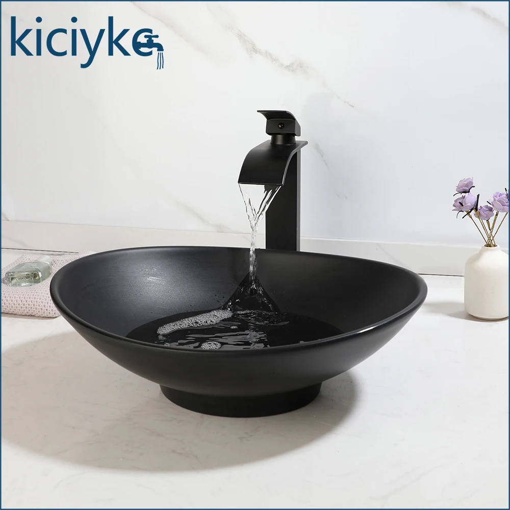 Marble Pattern Ceramic Vessel Sink Oval Above Counter Bathroom Vanity Basin with Black Waterfall Faucet Combo Set Artistic Bathroom Sink