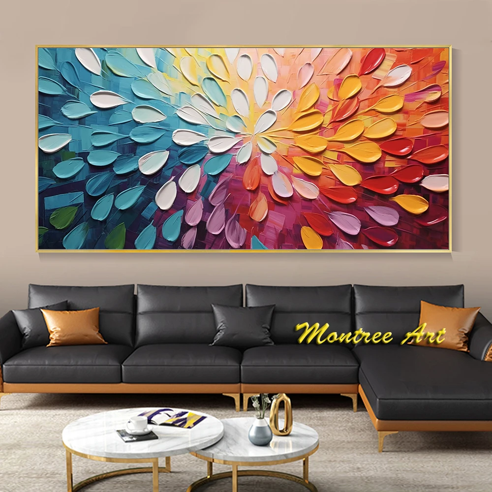 Handmade Oil Painting Impressionist Colorful Textured Wall Art Boho Petal Landscape Art 3D Thick Painted Palette Knife Painting