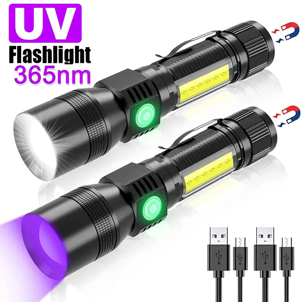 Super Bright LED Zoom Flashlight With 365nm UV USB Rechargeable Outdoor Tactical Flashlights Use 18650 Battery Emergency Torch