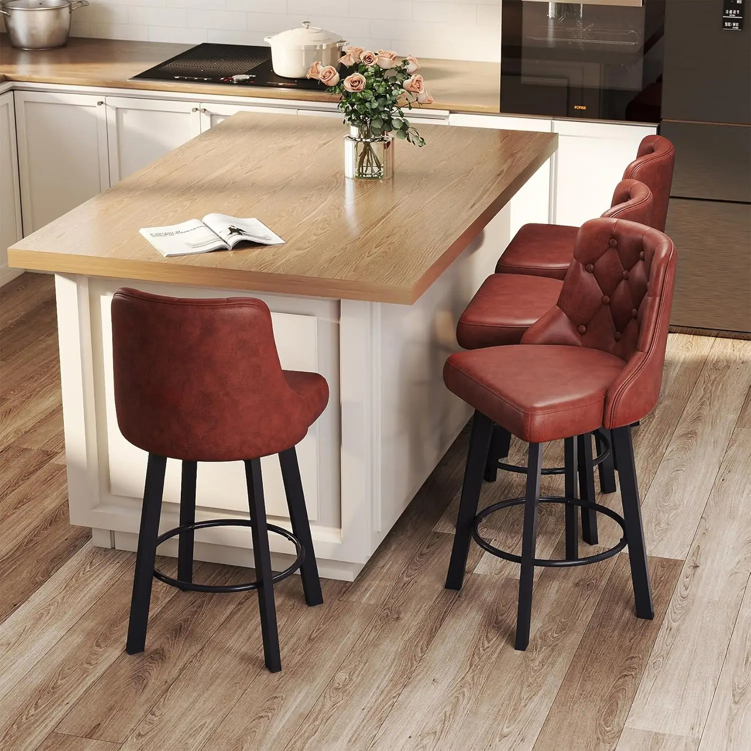 

Набор из 4 вращающихся барных стульев, современные барные стулья высотой 26 дюймов с металлическими ножками, обитые искусственной кожей, на заказ.