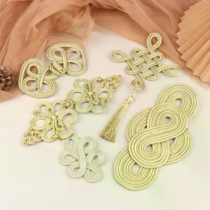 

Винтажные китайские пуговицы-узелки с золотой кружевной отделкой для декора ципао, танцевальных платьев, аксессуары для шитья своими руками