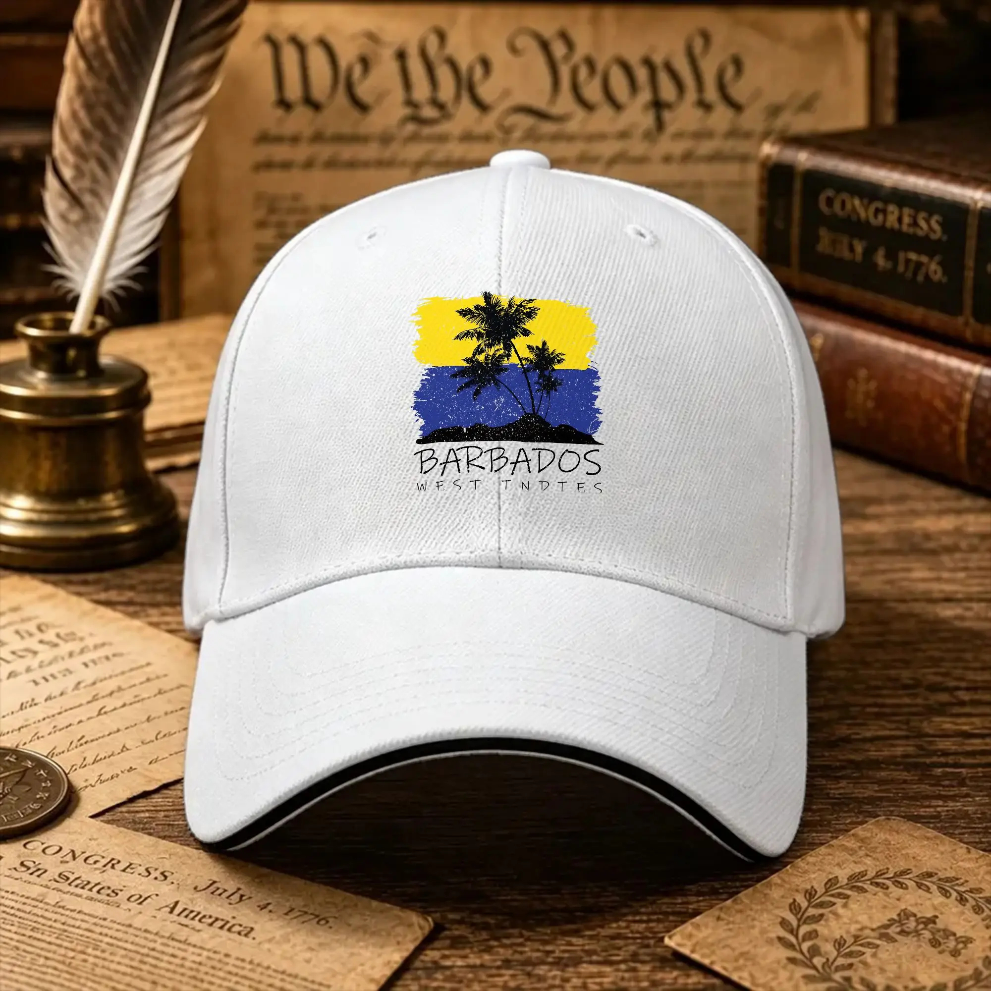,Barbados National Colours In Background Of Palm Silhouette  Baseball Cap Hats Unisex-Teens y2k Funny Custom DIY Snapback Cap
