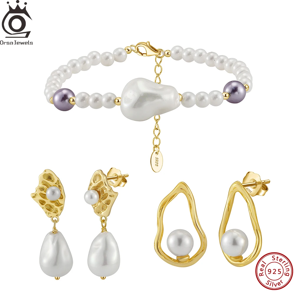 

ORSA JEWELS Genuine 925 Sterling Silver Shell Pearl Beads Bracelet Earrings 14K Gold Plated Pearls Jewelry Set Lobster Clasp