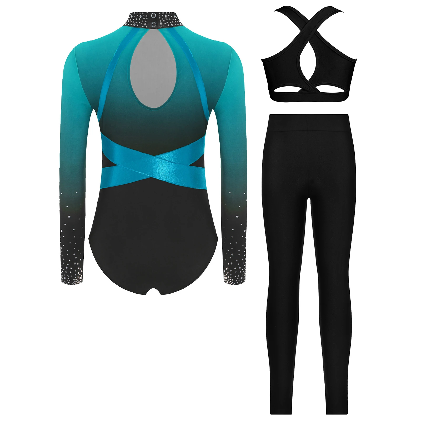 ชุดเต้นรำสำหรับเด็กผู้หญิงสำหรับการแสดงยิมนาสติกและฟิกเกอร์สเก็ต พร้อมเสื้อเลโอตาร์ด เสื้อกั๊ก กางเกงเลกกิ้ง และดีไซน์หลังเว้า