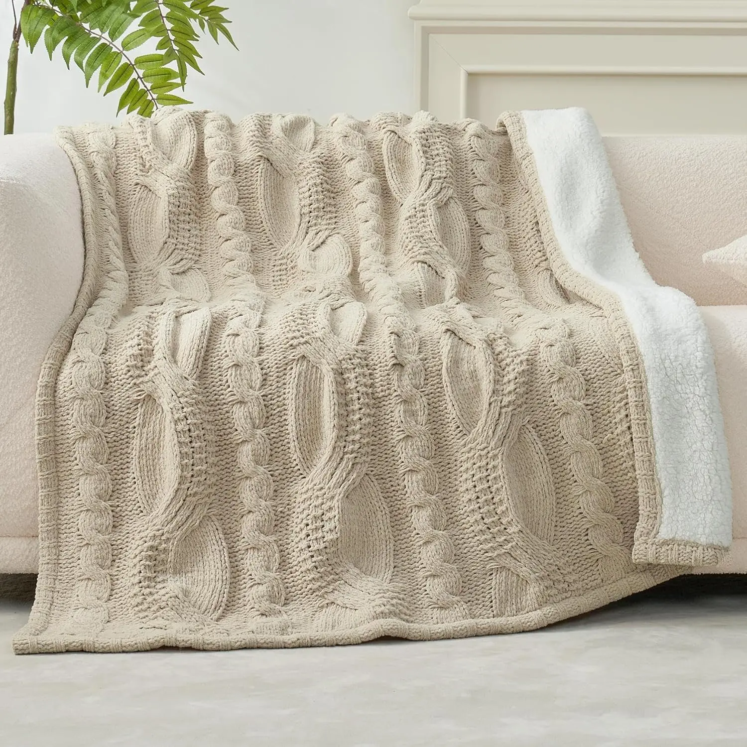 

Home Cable Knit Throw Blanket for Couch, Chenille Sherpa Soft Cozy Throw Blankets for Sofa Chair, 50"x60", Beige