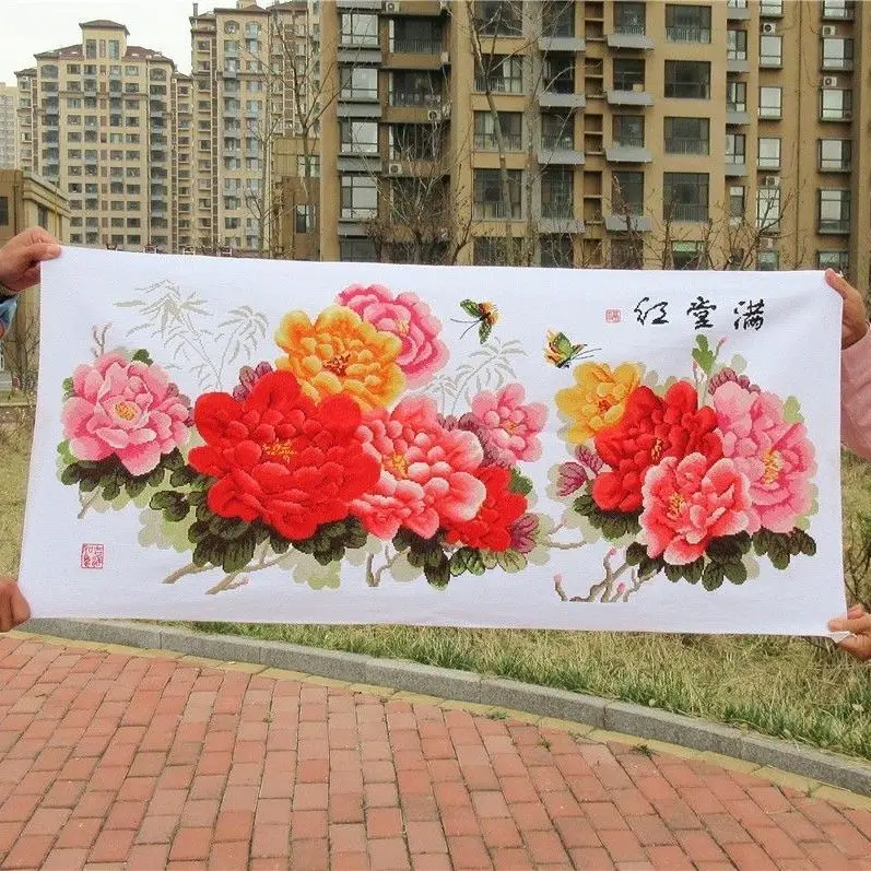 

Handmade cross stitch finished product with flowers blooming, wealth and prosperity filling the hall, red peonies symbolizing