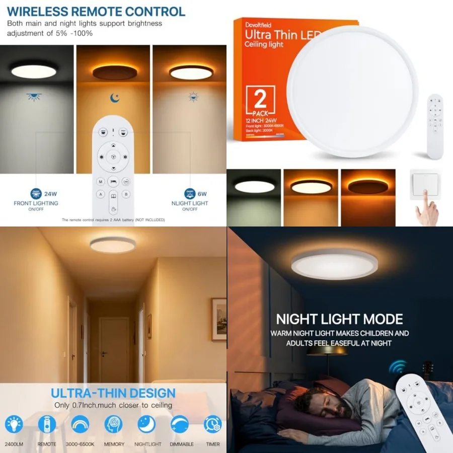 

2Pack Dimmable LED Flush Mount Ceiling Light Fixture with Remote Control, 24W 2640LM, 12Inch, 2000K Warm Night Light and 3000K-