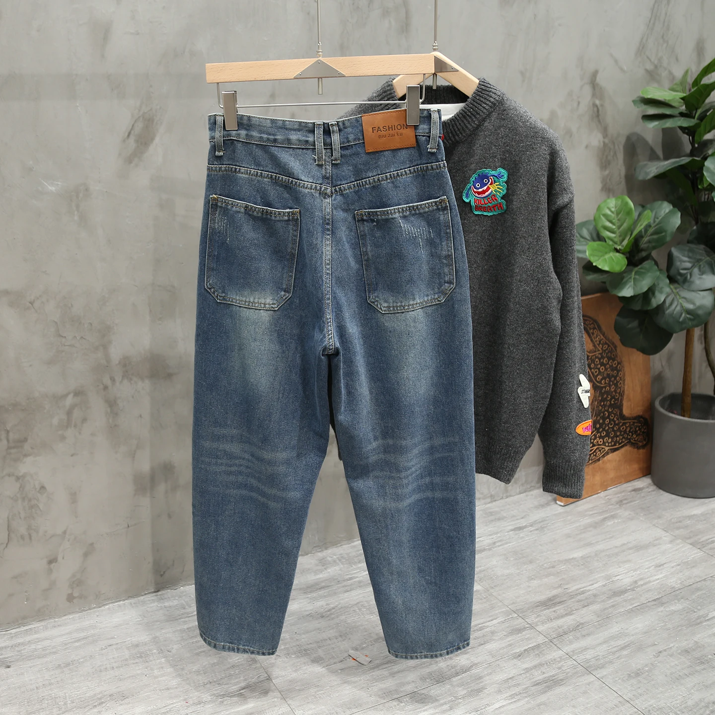 ربيع الخريف الرجال الربط الجينز الأمريكية الرجعية الأزرق غسلها الدنيم السراويل عارضة أزياء شارع العليا فضفاض الذكور السراويل