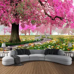Cherry Blossom Landscape Tapestry Pink Flowers Trees Forest Park Garden Wall Hanging Bedroom Room Aesthetics Home Decoration