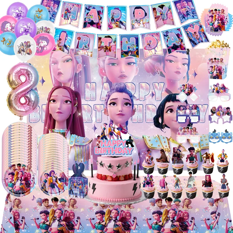 

Kpop Demon Hunter Party Decoration Girls Kawaii Birthday Balloons Tableware Cake Topper Candy Rice Flower Box Backdrop Kids Gift
