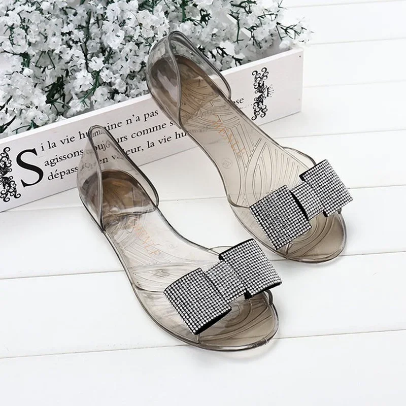 Comemore 2021 New Women Sandals Summer Bling Bowtie Jelly Shoes Woman Casual Peep Toe Transparent Sandals Flat Comfortable Beach