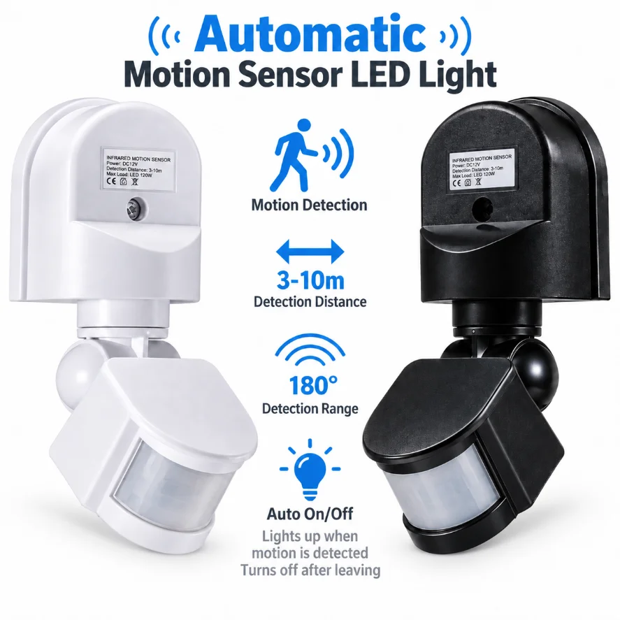 DC12/24V or AC110-240V PIR Motion Sensor LED Light 180°Sensing Angle 3-10m Detection Distance Human Body Infrared Detector Lamp