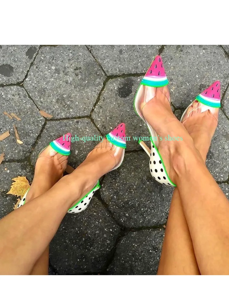 

Pointed watermelon Color printing Shallow single shoes stilettos sandals Transparent material Color blocking Luxury high heels