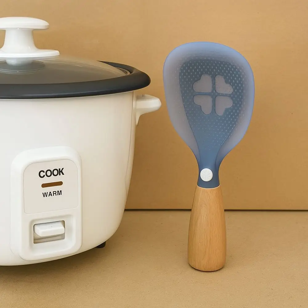 

Wooden Handle Silicone Rice Spoon Non-stick Household Standing Cooking Spoon with Convex Points Heat-resistant Spoon