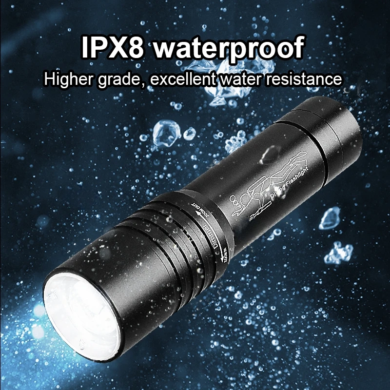 Alloy Powerful Diving LED Flashlight 2600mAh Recharge Scuba Lantern IPX8 Professional 50M Underwater Hunting Fishing Torch
