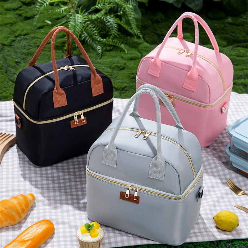 Double Layer Lunch Bag Thermal Insulation Lunch Box Storage Handbag Travel Picnic Food Pouch Multifunctional Mummy Shoulder Bags